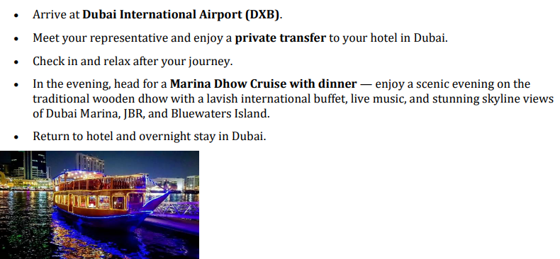Arrival in Dubai + Marina Dhow Cruise Dinner